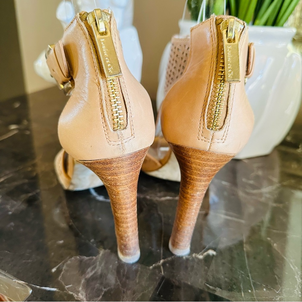 Louise et Cie Camel Peep Toe Heels Size 37 / 7B Wooden Heel - Picture 4 of 10